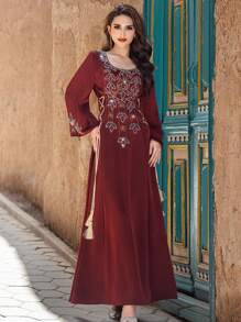 Al Najma Crew Neck Long Sleeve Minimalist Embossed Satin High Waist Maxi Dress Kaftan Jalabiya Dress - Maroon - View 5