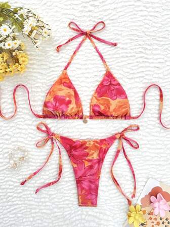 Swim Mod Blommönster för damer, grimma och rygg Knyt Bikinitopp och botten badkläder, slumpmässigt tryck, för sommarstrandsemester