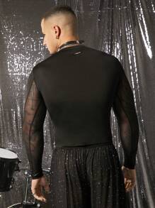FeverCity Men's Mesh Splice Tight Fit Crew Neck Long Sleeve T-Shirt - Black - View 4