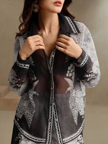 Anewsta 女士优雅花卉印花拼色透明雪纺长袖衬衫上衣，适合节日、外出、度假 - 黑與白 - 查看 6