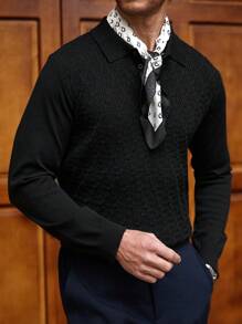 Manfinity Homme Men's Solid Color Button Front Long Sleeve Casual Pullover Sweater - Black - View 4