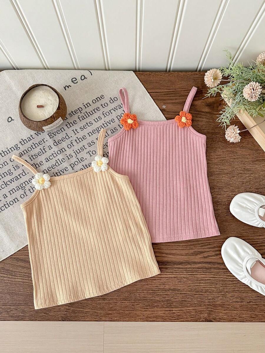 LMoss Kids Young Girl Knit Solid Color 3D Floral Camisole Set - Multicolor - View 1