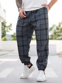 Manfinity Homme Calça Jogger Casual Xadrez Plus Size Masculina, Uso Diário - Cinza - Visão 4