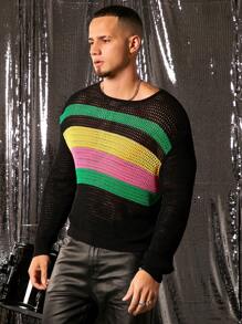 FeverCity Jersey de cuello redondo con mangas largas a rayas, informal, para hombre