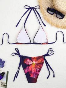 Swim Vcay 2 件女式花卉印花吊带比基尼套装，性感度假泳装，春假风格 - 紫羅蘭色 - 查看 4