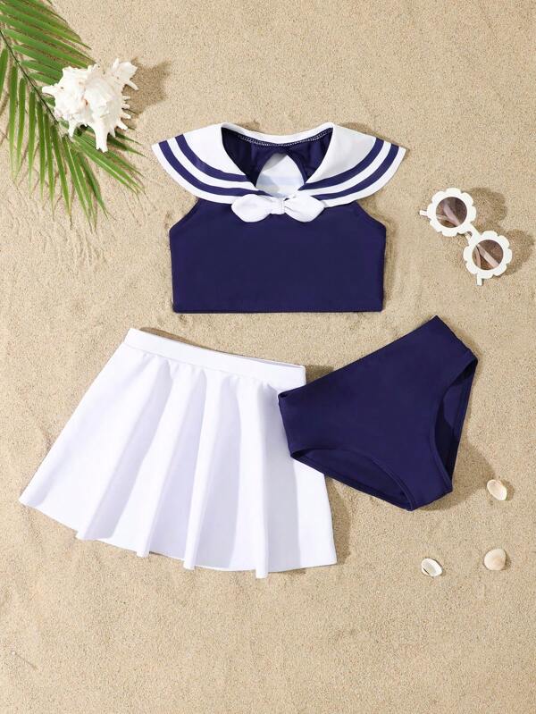 Young Girl Solid Color Patchwork Bow Decor Bikini Top And Bottom Swimwear Set