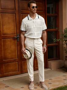 Manfinity Homme Men's Solid Color Patchwork Front Button Short Sleeve Casual Knit Sweater - Green - View 3