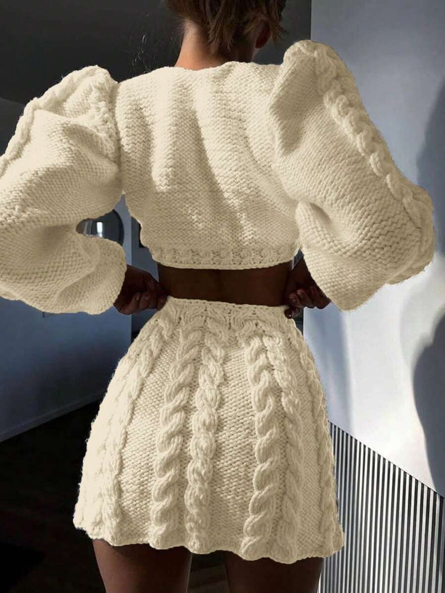 Women's Crew Neck Long Sleeve Simple Top And Skirt Knit Sweater Set Fall Cloth For Women - Khaki - View 1