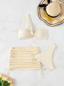Swim Mod 3pcs Women's Textured Solid Color Bikini Set: Sleeveless Top, Low Waist Tie-Side Ruched Skirt, And Side Tie Strap Coat Summer - Apricot - View 4