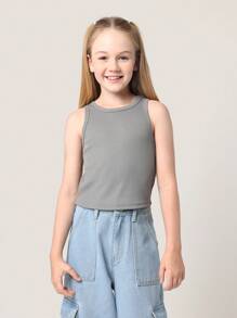 SUMWON 女孩夏季罗纹背心基本款无袖吊带柔软弹力短款上衣弧形下摆休闲运动舞蹈健身背心青少年时尚 - 彩色 - 查看 6