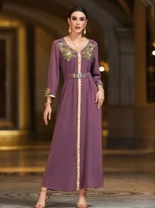 Layrah V-Neck Long Sleeve Simple Elegant Handmade Rhinestone Arabia Style Dress Kaftan Jalabiya Dress - Red Violet - View 1
