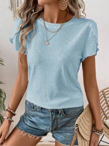 SHEIN LUNE Áo thun nữ cổ tròn tay ngắn màu trơn thường ngày, mặc hàng ngày - Màu xanh bạc hà - Xem 4