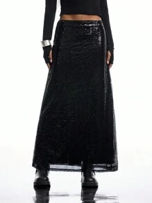 LYSMO Falda negra con lentejuelas - Moda sencilla de primavera/verano para uso diario casual - Negro - Ver 3