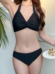 DAZY 3-Piece Elegant Black Swimwear For Women,Backless Triangle Skirt Tankini Bathing Suit,Summer Beach Holiday Vacation Solid Color Swimsuit - Black - View 5