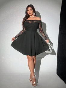 Viva Relle 大码女式露肩长袖蕾丝修身迷你连衣裙，带荷叶边 - 黑色 - 查看 3