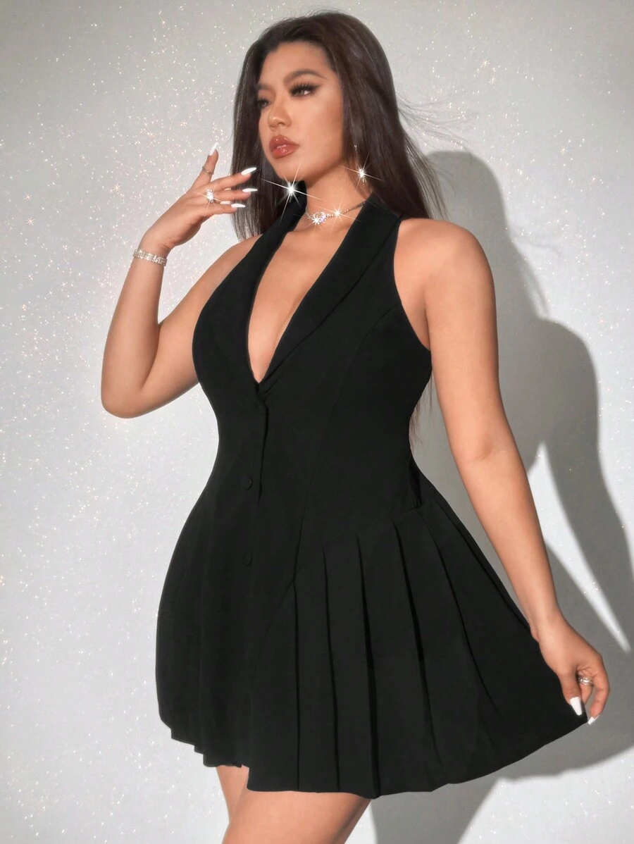 Viva Relle Plus Size Women Solid Color Shawl Collar Pleated Hem Sleeveless Dress