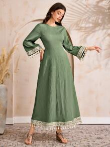 Al Najma 女士优雅连衣裙，带拼接流苏袖口和圆领