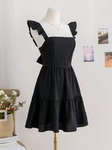 Soleia Cute Black Dress: Women's Ruffle Tie Back Mini Sun Dress For Summer - Black - View 3