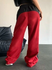 StreetHx 女式学院风运动阔腿裤，黑色拼色，秋季 - 紅色 - 查看 3