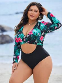 Swim SPRTY 大码热带植物印花长袖修身连体衣，适合夏季海滩度假