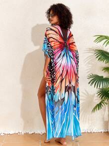 SHEIN Swim Women Butterfly Print Short Sleeve Batwing Loose Long Casual Holiday Open Front Dress/Kimono Cover Up - Blue - View 2
