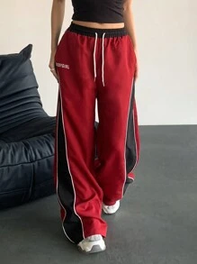 StreetHx 女式学院风运动阔腿裤，黑色拼色，秋季 - 紅色 - 查看 1