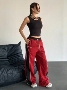 StreetHx 女式学院风运动阔腿裤，黑色拼色，秋季 - 紅色 - 查看 5