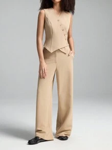 LYSMO Asymmetrical Beige Blazer Suit Set - Spring/Summer. - Apricot - View 5