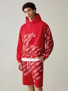 Manfinity VCAY 2pcs/Set Men's Knitted Casual Patchwork Loose Hooded Long Sleeve Sweatshirt And Drawstring Waist Straight Shorts Suit