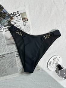 SHEIN Swim Women's Springbreak Solid Casual Ring Decor Sexy Holiday High Cut Bikini Bottom, For Summer Beach Vacation - Black - View 5