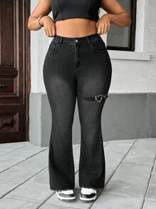 SHEIN MOD Plus Size Czarne Jeansowe Jeggingsy, Luźne Obcisłe Elastyczne Spodnie Rozkloszowane Walentynki Czarne Jeansy Y2k Walentynki Wakacje Rozkloszowane Jeansy Serce Walentynkowy Strój Wiosna