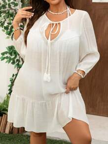 Swim Lushoire Plus Size Plain Front Tie Attch Long Sleeve Tassel Decor Casual Cover Up For Summer Beach Vacation