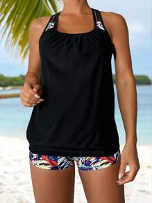 Swim Lushoire Summer 2pcs/Set Women Plant Print Random Color Conservative Tummy Control Brief Tankini With Tankini Swimwear