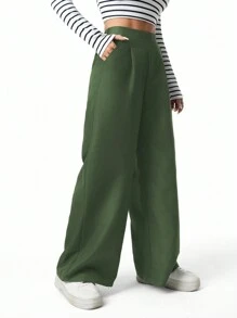 SHEIN Explorewe Loose Waist Pleated Wide Leg Green Pants For Teen Girls, Casual Fit, Suitable For Spring, Summer, Autumn, Winter, Versatile And Practical Design - Army Green - View 7