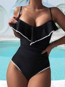Summer Women's Elegant French Ruffle Trim Bodycon High Waist Ruched One-Piece Swimsuit