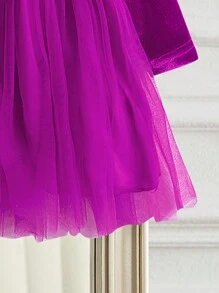 SHEIN Elladie kids Ramadan Partywear Mesh Dress, Baby Girl Luxury Velvet Mesh Patchwork Princess Dress - Violet Purple - View 6
