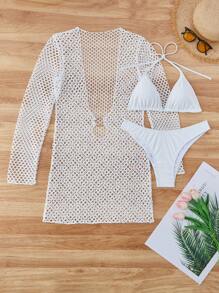 SHEIN 3pcs Women Solid Color Mesh Monokini Bikini Set With Triangle Bra, Halter Neck Tie And High Cut Brief, Sexy Beach Swimwear For Summer Beach Vacation