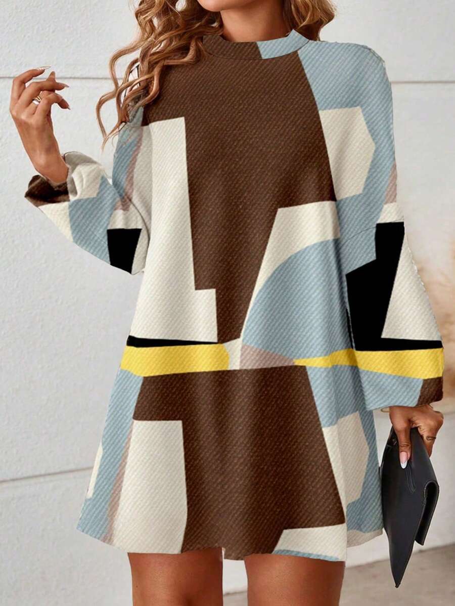 SHEIN LUNE 大码女式立领几何拼接长袖优雅迷你连衣裙