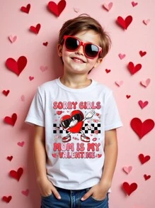 SHEIN Explorewe Toddler Boys Casual Stylish Creative Checkerboard Heart Graphic Slogan Print Short Sleeve T-Shirt - White - View 1