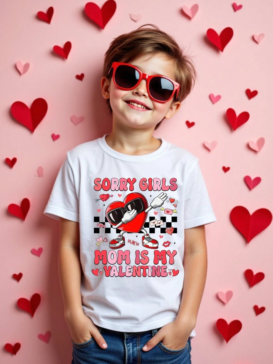 SHEIN Explorewe Toddler Boys Casual Stylish Creative Checkerboard Heart Graphic Slogan Print Short Sleeve T-Shirt - White - View 1