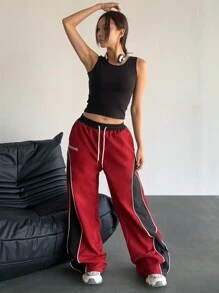 StreetHx 女式学院风运动阔腿裤，黑色拼色，秋季 - 紅色 - 查看 2