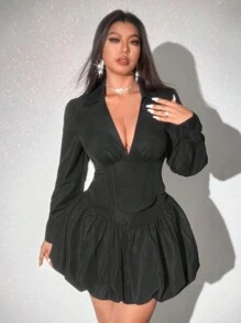 Viva Relle Plus Size Sexy Solid Deep V-Neck Cinched Waist Blouse And Ruched Mini Skirt 2 Pieces Set Fall Cloth For Women - Black - View 5