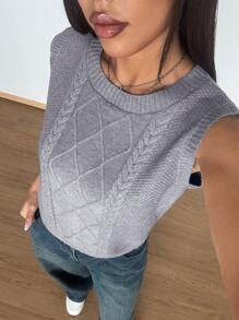 SHEIN Unity 女士休闲百搭圆领针织无袖灰色毛衣背心 - 灰色 - 查看 6
