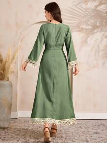 Al Najma 女士优雅连衣裙，带拼接流苏袖口和圆领