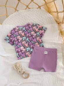 SHEIN Ensemble 2 pièces t-shirt et short imprimé de dessin animé mignon pour bébé fille nouveau-né, été