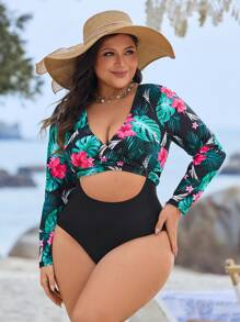 Swim SPRTY 大码热带植物印花长袖修身连体衣，适合夏季海滩度假