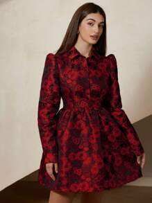 Aveloria Rosie 女式花卉提花褶皱腰长袖迷你连衣裙节日派对连衣裙优雅时尚风格全身印花 - 紅色 - 查看 5