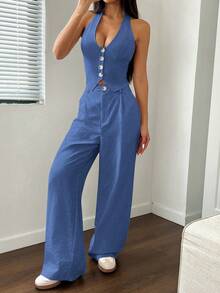 Flirla 2 pièces/Set Gilet à attaches et Pantalon droit décontracté - Bleu ciel - Voir 5