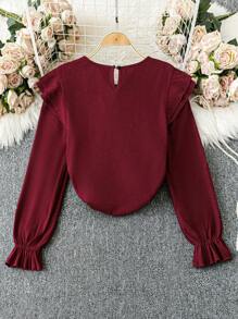 SHEIN LUNE Women Plus Size Solid Color Round Neck Decorative Double Layer Flutter Sleeve Long Sleeve Blouse - Burgundy - View 2