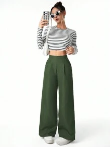 SHEIN Explorewe Loose Waist Pleated Wide Leg Green Pants For Teen Girls, Casual Fit, Suitable For Spring, Summer, Autumn, Winter, Versatile And Practical Design - Army Green - View 3